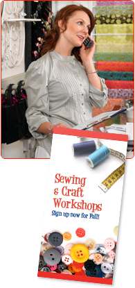woman in fabric shop, talking on the phone - example direct mail piece for a fabric shop with buttons, thread, and measuring tape. text: Sewing & Craft Workshops. Sign up now for Fall!