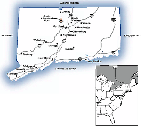 Map of Connecticut showing major transportation routes.