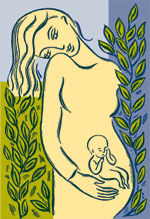 Artwork for the conference depicting a woman craddling an infant figure.