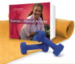 Graphic collage of the Exercise Guide book, dumb bells and an exercise mat