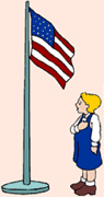Image of a child saying the Pledge of Allegiance to the American flag.