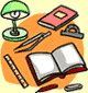 Image of a lamp, book, pens and pencils