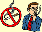 A man smoking a cigarette next to a no smoking sign.