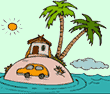 Image of a house on an island with a palm tree