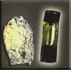 Photograph of white powder in a foil packet beside a small vial of liquid.