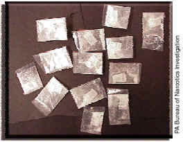 Photograph of small packets containing white powder.