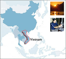 Map of Southeast Asia that highlights Vietnam and its capital, Hanoi.`