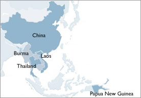 Map of Asia that highlights RDMA countries: China, Burma, Laos, Thailand, Papua New Guinea, Marshall Islands and Micronesia