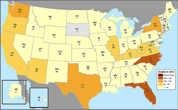 U.S. map showing the number of unintentional methadone poisoning deaths in 2002, broken down by state.