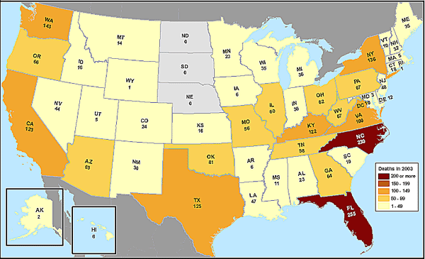 U.S. map showing the number of unintentional methadone poisoning deaths in 2003, broken down by state.