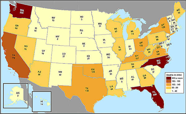 U.S. map showing the number of unintentional methadone poisoning deaths in 2004, broken down by state.