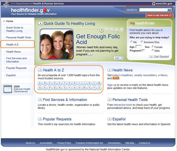 The healthfinder.gov home page with highlight outlining the Search input box and Health A-Z navigation topic link