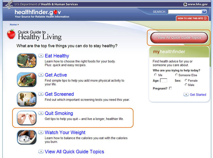 The Quick Guide to Healthy Living page with highlight outlining View All Quick Topics navigation button and the Quit Smoking navigation link