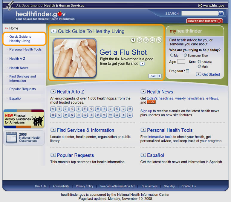 healthfinder.gov home page with "Quick Guide to Healthy Living" feature and menu link highlighted.