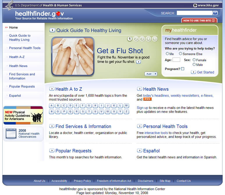 The healthfinder.gov home page