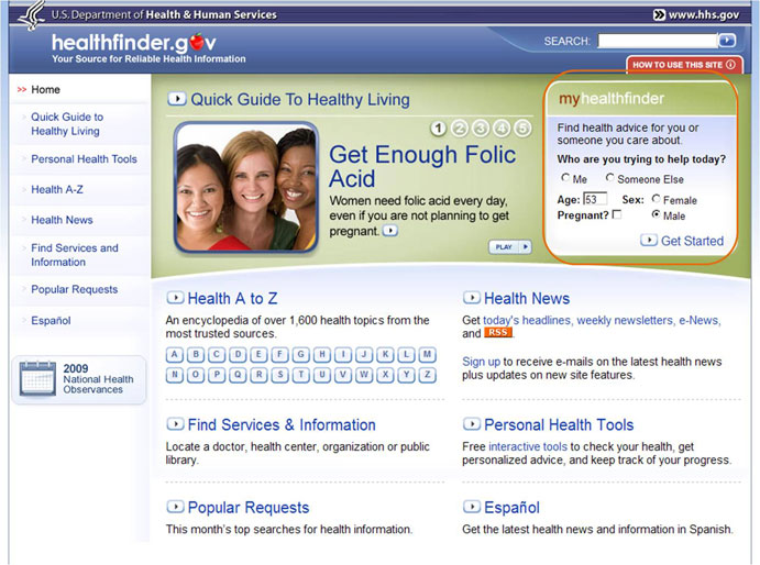 The healthfinder.gov home page with highlight outlining the myhealthfinder personalization functionality