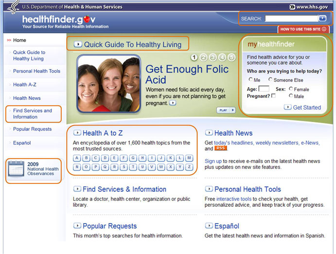 The healthfinder.gov home page with highlight outlining topic navigation links