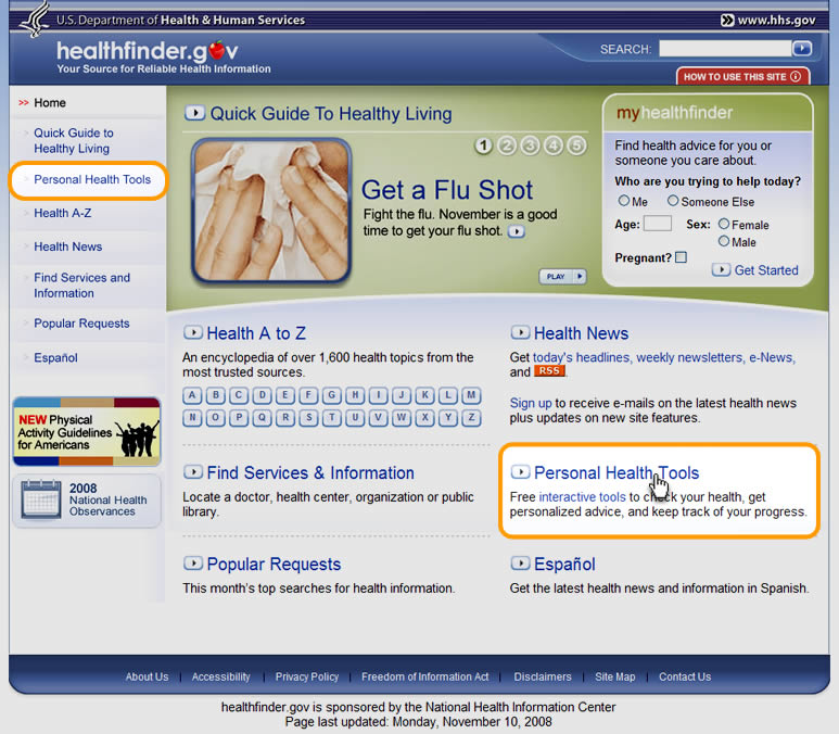 healthfinder.gov home page with "Personal Health Tools" highlighted, and mouse cursor hovering over 'Health News'