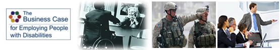 Business Case logo and images of military personnel and people in office environments