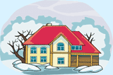 Image of a big house with snow on the ground and trees in the background.