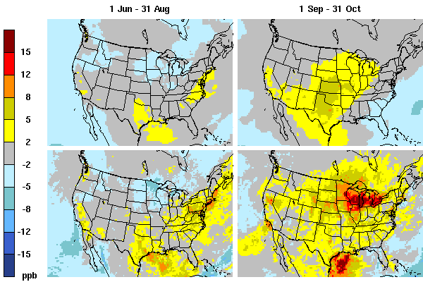 Changes in mean and 95th-percentile MDA8 ozone for summer and fall