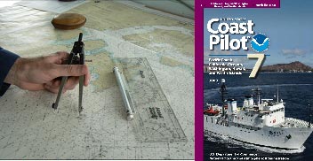 Navigator with compass in hand working on paper nautical chart with Weems parallel plotter; Coast Pilot 6 publication off to side.