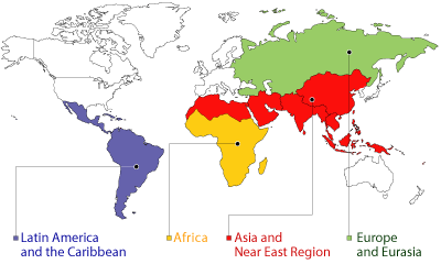 Map of the world with clickable regions of Latin America, Africa, Asia/Near East and Europe/Eurasia.  Clicking on a region takes you to a different location, where you can find links to individual countries within the region.