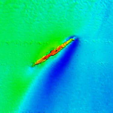 Mutibeam Digital Terrain Model (DTM) of uncharted wreck color coded by depth.