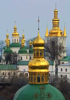Domes of the 11th-century Monastery of Caves, Kyiv, Ukraine, April 25, 2003. [© AP Images]