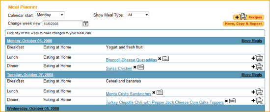 Sample of your personal Meal Planner page