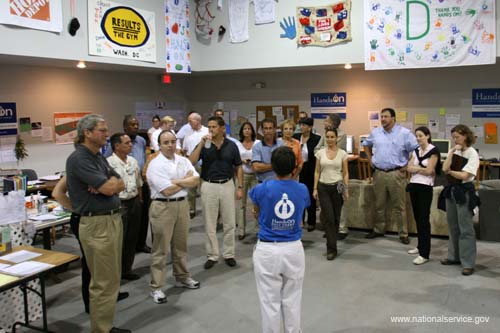 Biloxi, MS - Corporation for National and Community Service CEO David Eisner and members of the Corporation's Board of Directors join members of the President's Council on Service and Civic Participation for a briefing at the Hands On Volunteer Facility (Biloxi, MS).  From August 28 to 30, 2006, Eight members of the President’s Council on Service and Civic Participation will tour recovering areas of the Gulf Coast along with seven members of the Board of Directors of the Corporation for National and Community Service. The group participated in events commemorating the first anniversary of Hurricane Katrina, visited hurricane recovery operations, and thanked volunteers for their extraordinary contributions during the first year of relief efforts.