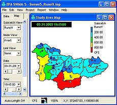 Screen shot of the EPA SWMM 5  Graphical User Interface. Please Contact Lewis Rossman at rossman.lewis@epa.gov or (513) 569-7603 for a detailed description. Click on image for a larger view.