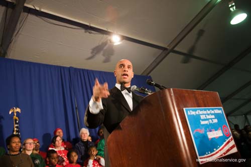 Washington, DC mayor Adrian Fenty addresses the crowd at Serve DC's signature 2009 Martin Luther King, Jr. Day of Service project, Operation Gratitude, in Washington, DC.  Fueled by President Obama’s call to service, the 2009 Martin Luther King, Jr. Day of Service experienced a historic level of participation, as Americans across the country honored Dr. King by serving their communities on the January 19 King Holiday. In total, more than 13,000 projects took place -- the largest ever in the 14 years since Congress encouraged Americans to observe the King Holiday as a national day of service and charged the Corporation for National and Community Service with leading this national effort.