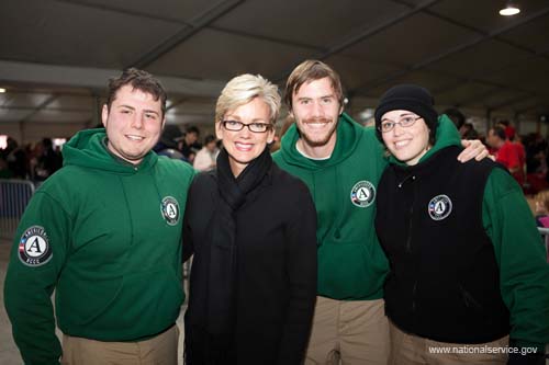 Michigan Governor Jennifer Granholm poses with AmeriCorps NCCC members at Serve DC's signature 2009 Martin Luther King, Jr. Day of Service project, Operation Gratitude, in Washington, DC.  Fueled by President Obama’s call to service, the 2009 Martin Luther King, Jr. Day of Service experienced a historic level of participation, as Americans across the country honored Dr. King by serving their communities on the January 19 King Holiday. In total, more than 13,000 projects took place -- the largest ever in the 14 years since Congress encouraged Americans to observe the King Holiday as a national day of service and charged the Corporation for National and Community Service with leading this national effort.
