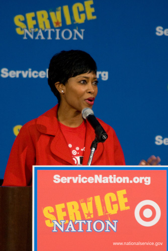 ServiceNation hosted a breakfast for more than 1,200 people on Martin Luther King Day, January 19, 2009, at Ballou Senior High School in Washington, D.C. The program featured speakers including Secretary of Education Arne Duncan, California First Lady Maria Shriver, Martin Luther King III, Rep. George Miller (D-CA), Rep. John Lewis (D-GA), Washington Mayor Adrian Fenty, TIME Managing Editor Richard Stengel, and actor Tobey Maguire. Demi Moore and Ashton Kutcher introduced and debuted their "presidential pledge," a Web-based video message from entertainment luminaries pledging service commitments.  Pictured: Corporation for National and Community Service board member Laysha Ward.