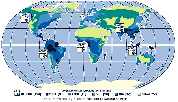 Yeryüzündeki ortalama yıllık yağışı gösteren harita. 