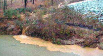 Picture showing sediment-filled runoff from a road running into a creek during a rainstorm. 