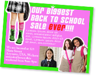 bad example of mail piece with school girls. text: Our biggest back to school sale ever!!!!