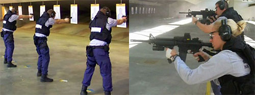 A collage of agents firing various weapons at a gun range.