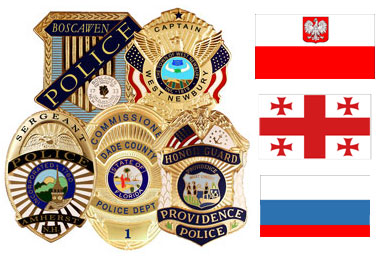 A collage of various country flags and state and local law enforcement badges.