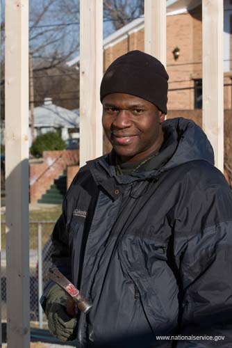 Rigel Lovell volunteers with Habitat for Humanity and AmeriCorps to frame a house in Washington, D.C., as part of the 2008 Martin Luther King Day of Service. About 20,000 people in the District of Columbia participated in nearly 150 service projects in honor of the slain civil rights leader on January 21, 2008.