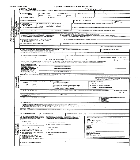 Depicted here is the U.S. Standard Certificate of Death to be introduced in some states in 2003.  It contains fields to be filled out by both the Funeral Director and the Medical Certifier.  It includes fields for the decedent’s personal information, demographics, location of injury, and cause of death. 