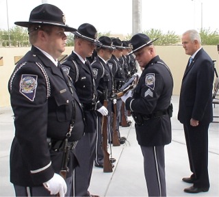Governor Jim Gibbons inspects Nevada Highway Patrol Color Guard prior to dedication of new State Law Enforcement Officers Memorial at NHP Southern Command in Las Vegas