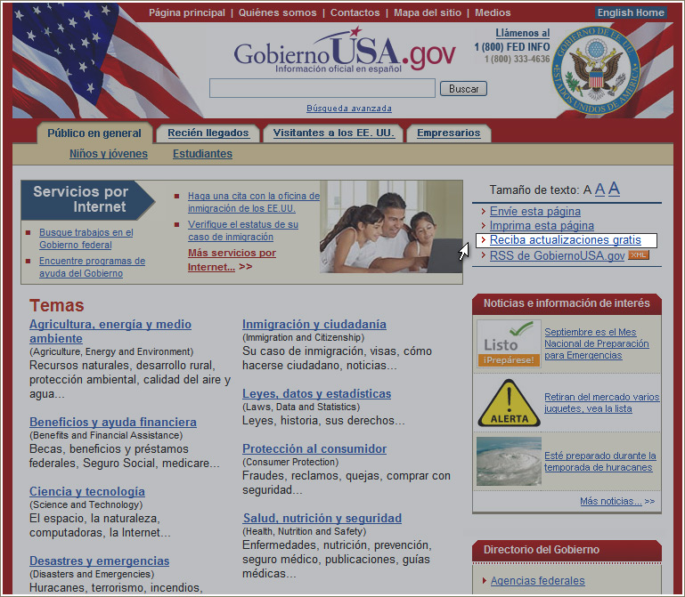 Página principal de GobiernoUSA.gov señalando el enlace a actualizaciones gratis.