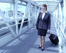 Business woman pulling luggage bag through airport