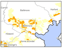 A picture of a map identifying subprime lending patterns in Baltimore.