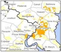 A picture of a map identifying subprime lending patterns in Washington DC.