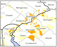 A picture of a map identifying subprime lending patterns in Philadelphia.