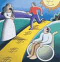 Image of a bride, a man running on a dollar road, and a man in a wheelchair