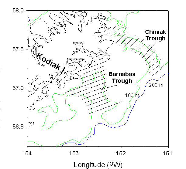 map of acoustic-trawl survey off the east side of Kodiak Island